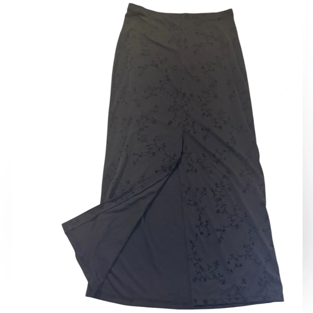 Medium Vintage Express Black Floral Burnout Maxi Slip Slit Skirt Y2K Romantic